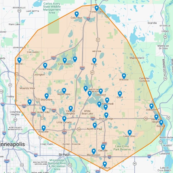 Map with blue pin marking the service area for Finished Plumbing and HVAC